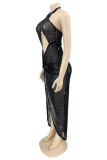 Black Gold Sexy Patchwork Hollowed Out See-through Backless Halter Sleeveless Dress