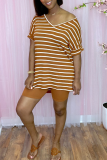 Red Casual Striped Split Joint V Neck Short Sleeve Two Pieces