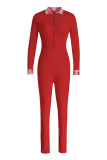 Red Fashion Casual Patchwork Basic Zipper Collar Skinny Jumpsuits