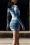 Blue Fashion Sexy Print Hollowed Out V Neck Long Sleeve Dresses