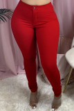 Purplish Red Fashion Casual Solid Basic Skinny High Waist Pencil Trousers
