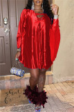 Red Fashion Casual Solid Hollowed Out V Neck Long Sleeve Dresses