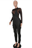 Black Fashion Casual Patchwork Tassel See-through O Neck Regular Jumpsuits