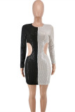 Black Fashion Sexy Patchwork Hollowed Out Sequins O Neck Long Sleeve Dresses