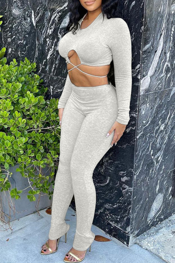 Light Gray Sexy Casual Solid Bandage Hollowed Out V Neck Long Sleeve Two Pieces
