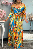 Orange Fashion Sexy Print Basic V Neck Long Sleeve Dresses