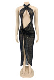 Black Gold Sexy Patchwork Hollowed Out See-through Backless Halter Sleeveless Dress
