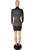 Brown Fashion Sexy Patchwork Bandage Hollowed Out Half A Turtleneck Long Sleeve Dresses