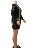 Black Casual Print Patchwork O Neck Tops