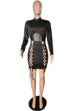 Brown Fashion Sexy Patchwork Bandage Hollowed Out Half A Turtleneck Long Sleeve Dresses
