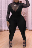 Black Fashion Casual Patchwork Tassel See-through O Neck Regular Jumpsuits