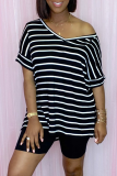 Dark Blue Casual Striped Split Joint V Neck Short Sleeve Two Pieces