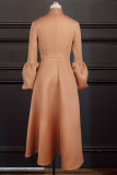 Khaki Fashion Casual Solid Basic O Neck Long Sleeve Dresses