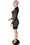 Brown Fashion Sexy Patchwork Bandage Hollowed Out Half A Turtleneck Long Sleeve Dresses