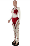 Red Fashion Casual Patchwork Basic Turtleneck Skinny Jumpsuits