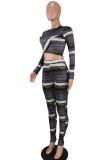 Blue Fashion Casual Striped Print Patchwork O Neck Long Sleeve Two Pieces