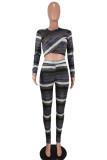 Blue Fashion Casual Striped Print Patchwork O Neck Long Sleeve Two Pieces