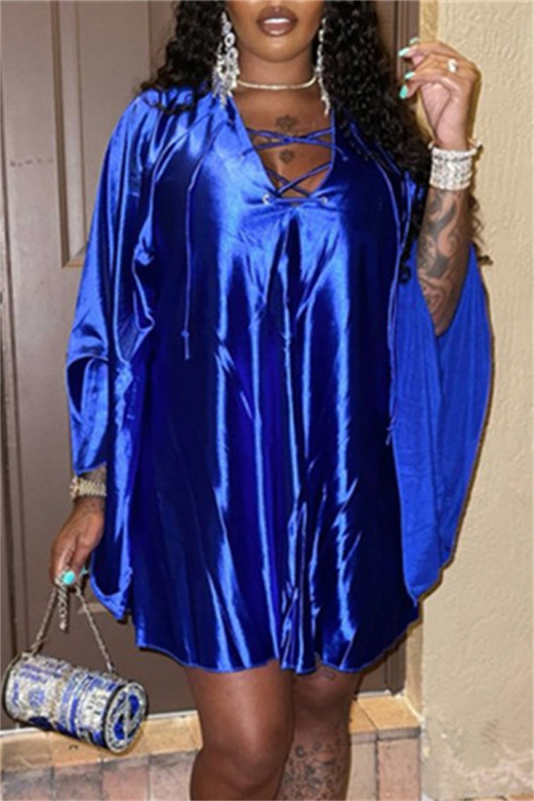 Blue Fashion Casual Solid Hollowed Out V Neck Long Sleeve Dresses