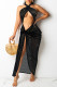 Black Gold Sexy Patchwork Hollowed Out See-through Backless Halter Sleeveless Dress