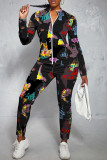 Black Casual Print Patchwork Zipper Zipper Collar Long Sleeve Two Pieces