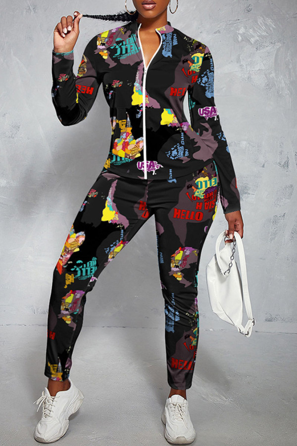 Black Casual Print Patchwork Zipper Zipper Collar Long Sleeve Two Pieces