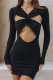 Black Fashion Sexy Solid Hollowed Out V Neck Long Sleeve Dresses
