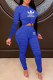 Blue Fashion Casual Print Fold O Neck Long Sleeve Two Pieces