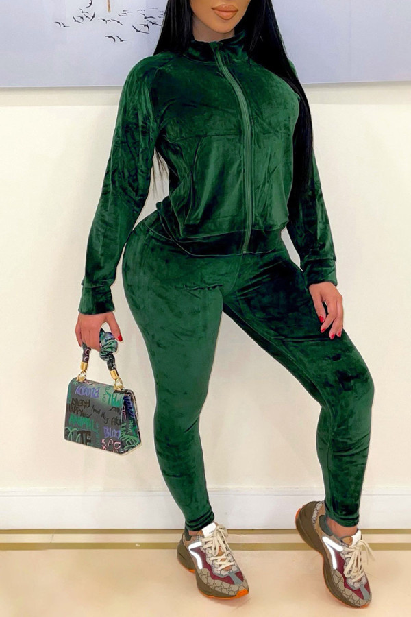 Ink Green Casual Solid Patchwork Zipper Zipper Collar Long Sleeve Two Pieces