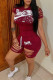 Burgundy Fashion Simplicity Print Ripped O Neck Short Sleeve Two Pieces