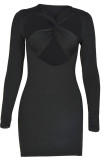 Black Fashion Sexy Solid Hollowed Out V Neck Long Sleeve Dresses