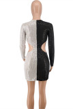 White Fashion Sexy Patchwork Hollowed Out Sequins O Neck Long Sleeve Dresses
