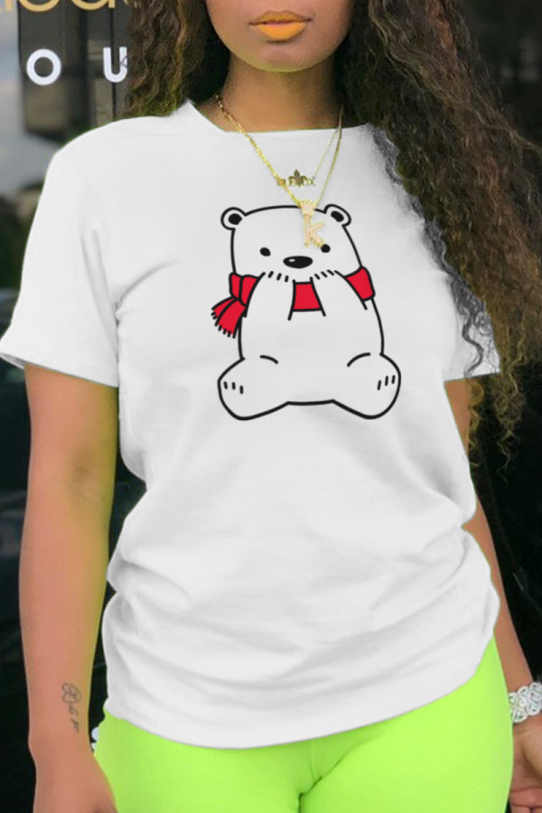 White Daily Cute Print Patchwork O Neck T-Shirts