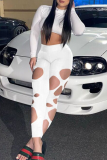 White Sexy Solid Ripped Skinny Mid Waist Pencil Solid Color Bottoms