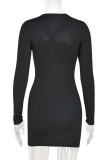 Black Fashion Sexy Solid Hollowed Out V Neck Long Sleeve Dresses