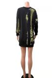 Black Casual Print Patchwork O Neck Tops