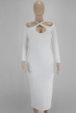 Cream White Sexy Solid Hollowed Out Split Joint Asymmetrical Collar One Step Skirt Dresses