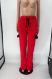 Red Casual Solid Patchwork Mid Waist Speaker Solid Color Bottoms