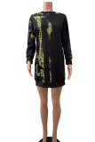 Black Casual Print Patchwork O Neck Tops