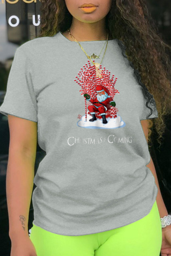 Grey Street Cute Print Patchwork O Neck T-Shirts