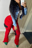 Red Casual Solid Patchwork Mid Waist Speaker Solid Color Bottoms