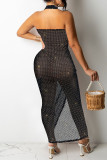 Black Gold Sexy Patchwork Hollowed Out See-through Backless Halter Sleeveless Dress