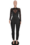 Black Fashion Casual Patchwork Tassel See-through O Neck Regular Jumpsuits