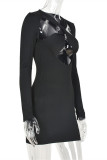 Black Fashion Sexy Solid Hollowed Out V Neck Long Sleeve Dresses