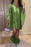 Red Fashion Casual Solid Hollowed Out V Neck Long Sleeve Dresses