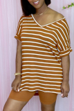 Dark Blue Casual Striped Split Joint V Neck Short Sleeve Two Pieces