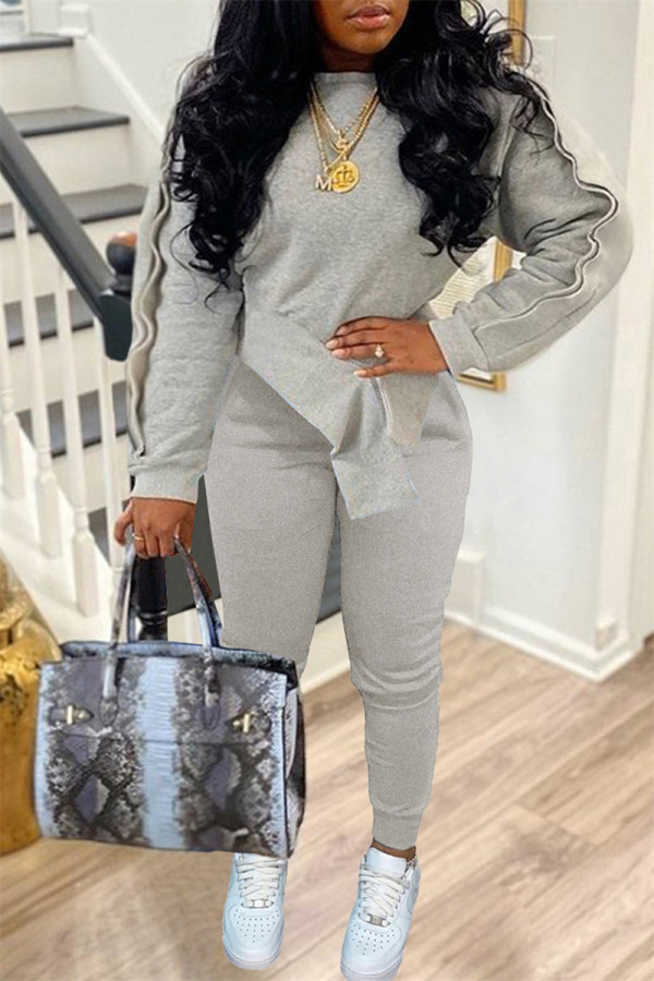 Light Gray Fashion Casual Solid Patchwork Asymmetrical O Neck Long Sleeve Two Pieces