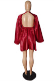 Red Fashion Casual Solid Hollowed Out V Neck Long Sleeve Dresses