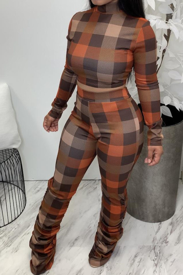 Orange Sexy Plaid Print Fold O Neck Long Sleeve Two Pieces