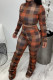 Orange Sexy Plaid Print Fold O Neck Long Sleeve Two Pieces