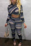 Blue Fashion Casual Striped Print Patchwork O Neck Long Sleeve Two Pieces